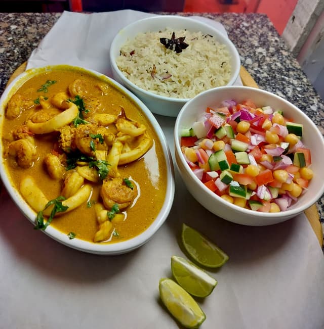 Shrimp & Calamari in Coconut Curry with Cardamom Rice & Chickpea Salad 